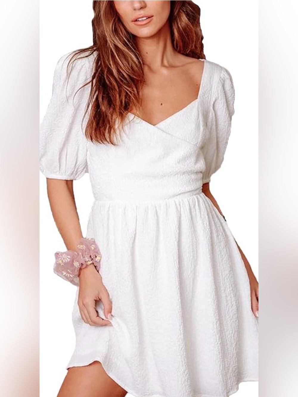 White Puff Sleeve Mini Dress Size Large Surplice Short Sleeve, XL